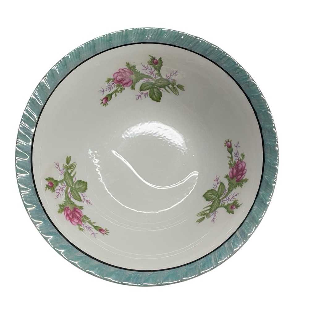 YAMATSU lustre ware rim white bowl with red flower sprigs teal edge handpainted